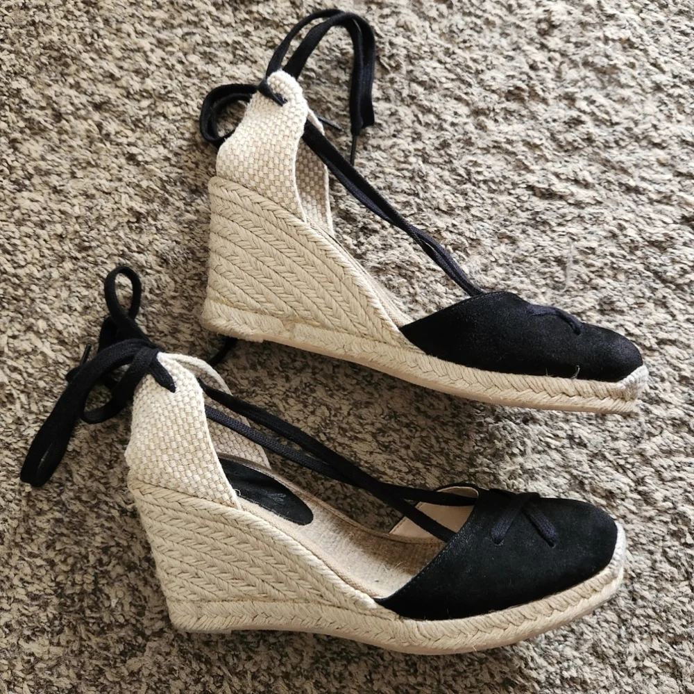 Free People Black Espadrille Wedge Sandals with Natural Rope Heel
